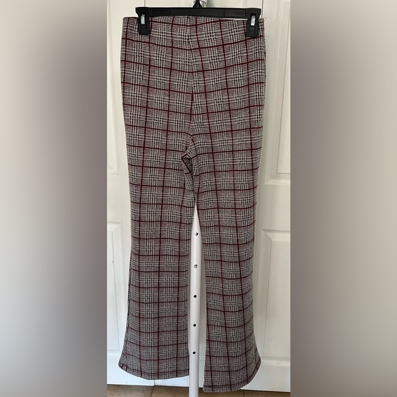 Self E Houndstooth Pull on Stretch Flare Pants Size Medium Black Gray Maroon - Picture 2 of 6
